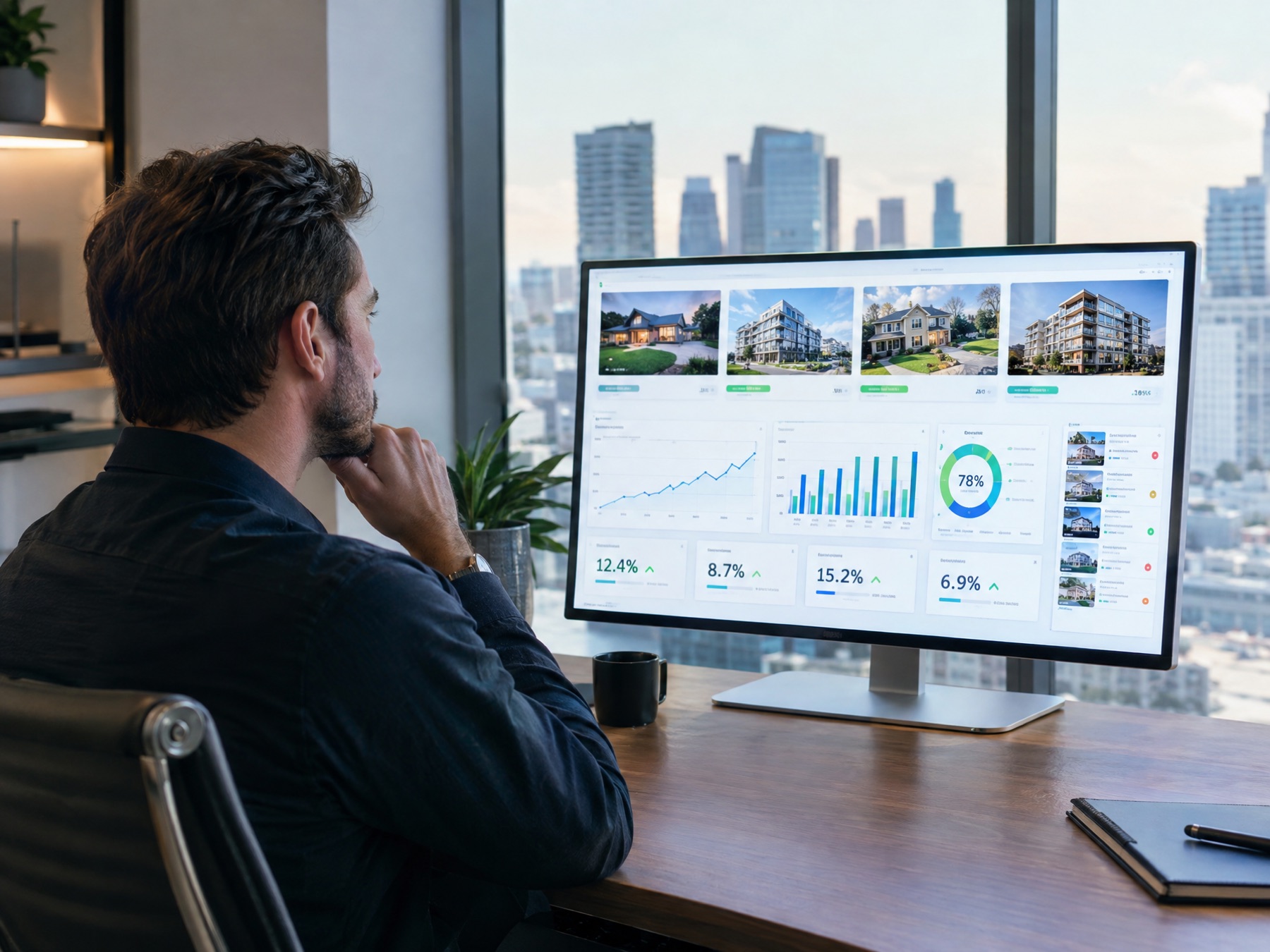 Investor reviewing an automated real estate portfolio dashboard